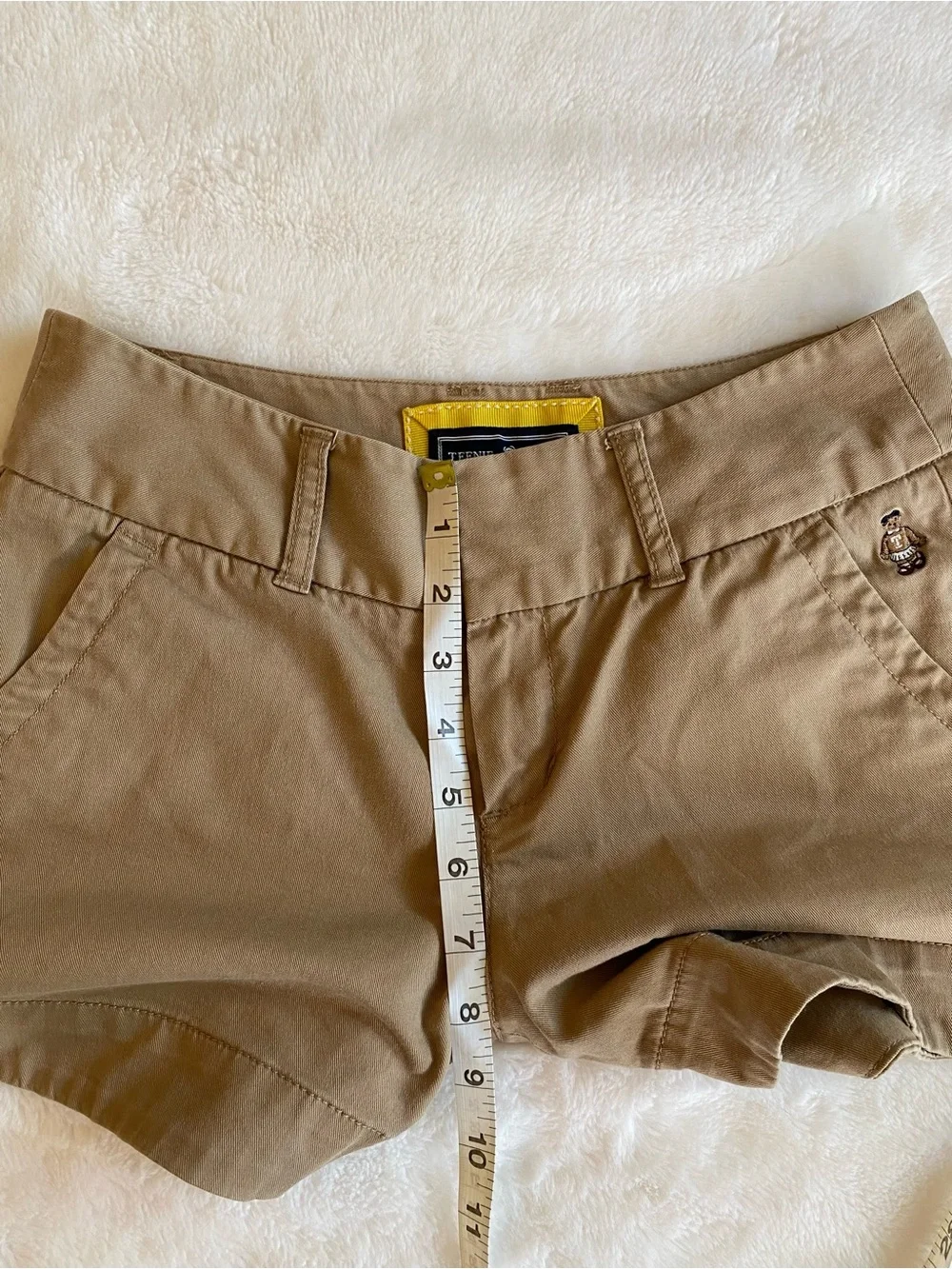 Khaki / Tan Cotton Trouser Mini Short Shorts -Mid Rise, Slant Pockets, 3” long - Picture 11 of 13